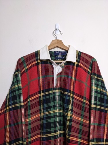 Polo Sport Ralph Lauren Knit Rugby Shirt Mens Extra Large Red Tartan Plaid 90s - Picture 6 of 12