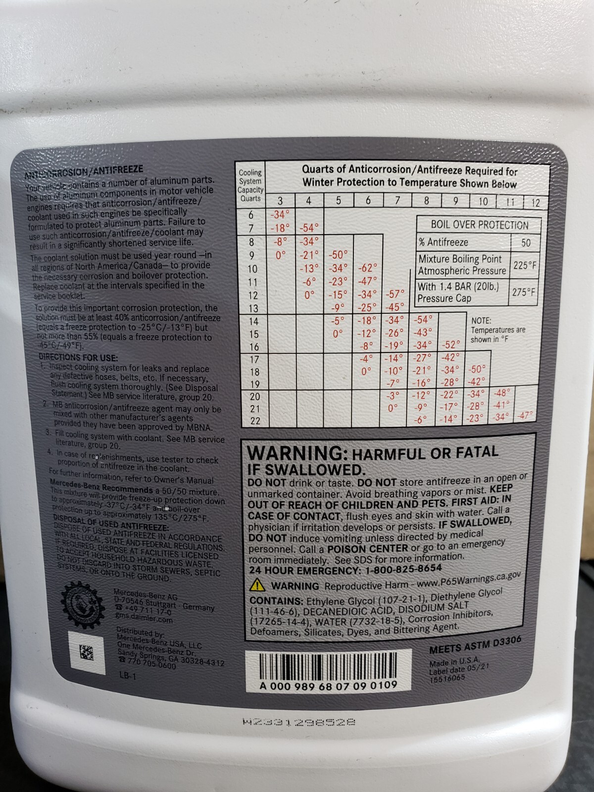 MercedesBenz OEM Engine Coolant/ Antifreeze MB 325.6