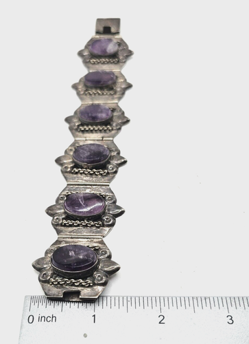 VINTAGE HECHO ALC GUADALAJARA MEXICO STERLING SILVER LINK BRACELET PURPLE STONES - Picture 6 of 19
