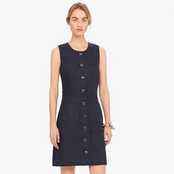 Abito Tory Burch in lino senza maniche con bottoni davanti taglia 10 $358 *834