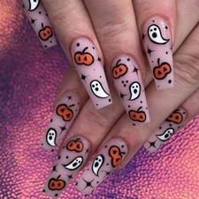24PCS Ghost Press-On Nails - Pumpkin Matte Translucent Coffin