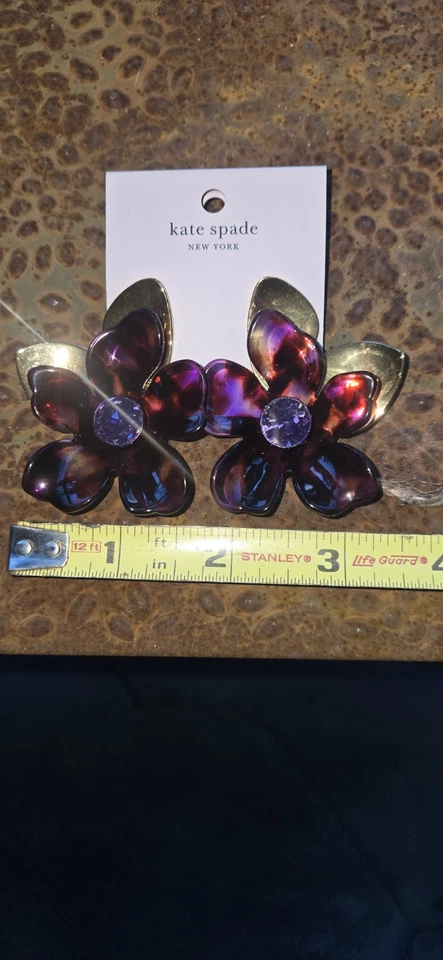 Aretes llamativos Kate Spade Petal Pushers en latón chapado en oro púrpura nuevos con etiquetas Foto 4 de 4