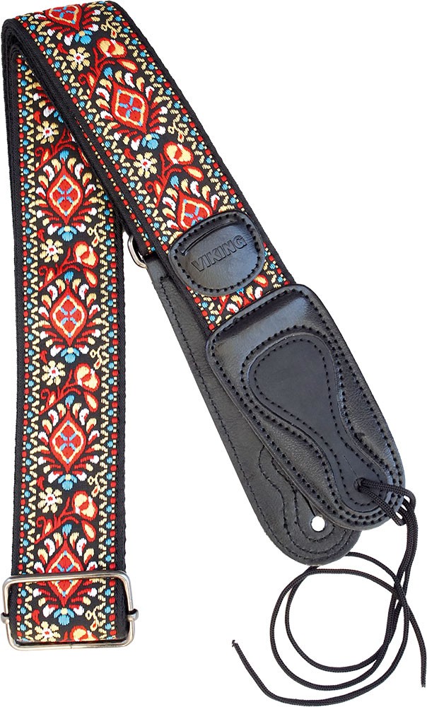 Attractive & Adjustable COTTON GUITAR STRAP by Viking. Lovely red-themed pattern