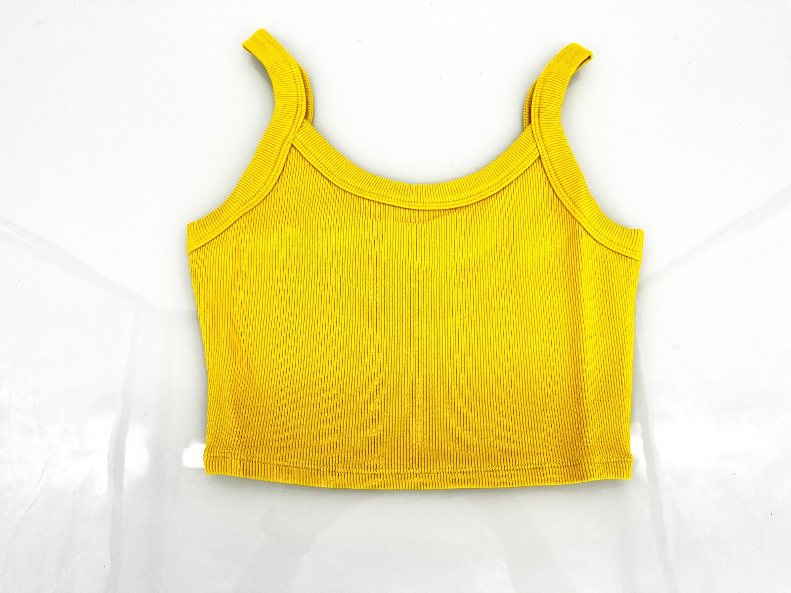 Women's Top - Mimosa Ribbed Cropped Tank Top Yellow Stretchy Round Size Small