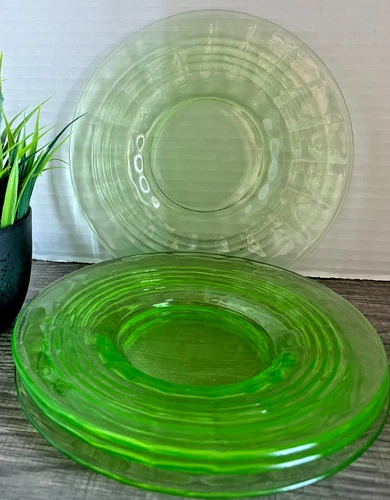 VTG Set of 4 Uranium Glass 6" Plates Block Optic Depression Glass
