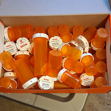 Lot Of 35 Plastic Orange Pill Bottles w/White Child-Resistant Cap, Various Sizes