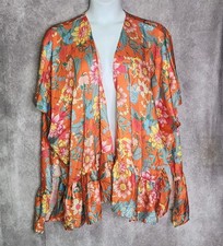 Umgee Orange Multicolor Floral Open Front Kimono Cardigan Womens M/L Boho NWT
