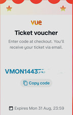 VUE Cinema Ticket Voucher Code - Expires Monday 31 August at 23:59