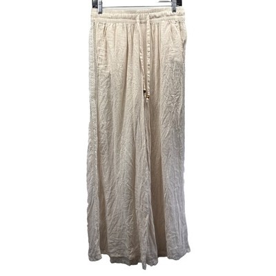 Calypso St. Barth Wide Leg Pants Sz Med Ivory Elastic Pull Tie Waist Linen Blend