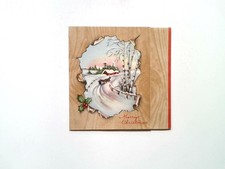Vintage Christmas Greeting Card Wood Panel Snowy Scene Made in USA