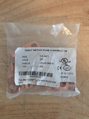 1/0awg  3/8'' Stud Ring Terminal Lug Bare Copper Non-Insulated Lot Of 10 Windy Na