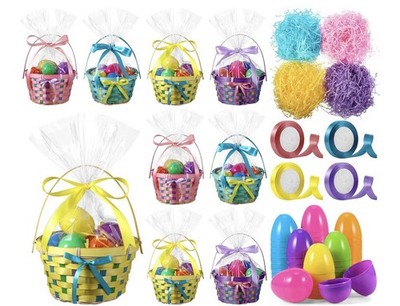 Hungdao Bamboo Easter Basket Sets: Basket, Eggs, Raffia, Ribbon, Bag 8 pack NEW
