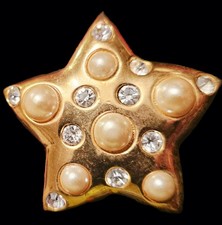 Star Pearl  Rhinestone Brooch Pin/Pendent Gold-Tone MOD Signed Vintage