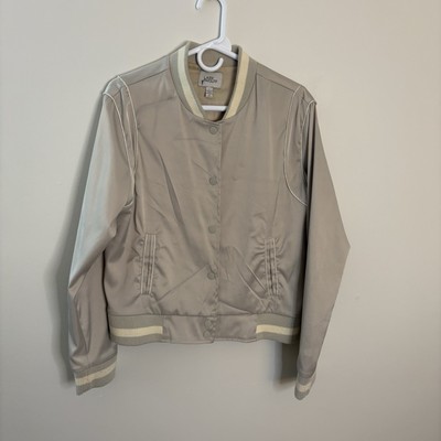 Lark & Wolff Women s Large Button Up Varsity Jacket Beige Tan School Fall H6