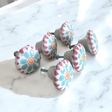 Vintage Ceramic Drawer Cabinet Pulls Handpainted Floral Motif Set Of 6