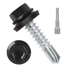 #10 X 3/4" (50 PCS) Black Metal Roofing Screws with Rubber Washer, Hex Head Self