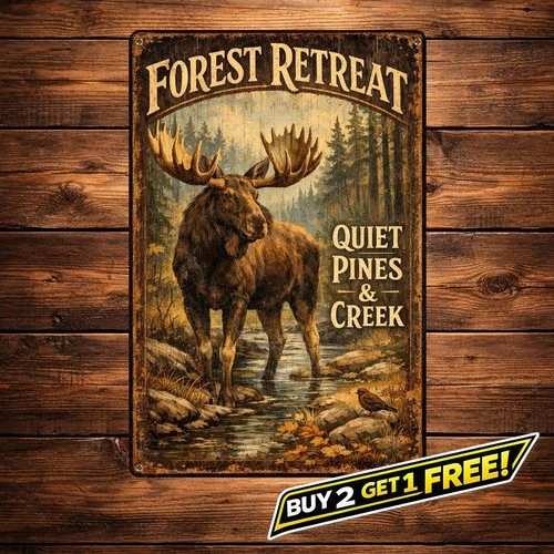 Hunting Lodge Deer Forest Wall Art 8x12 Vintage Tin Metal Sign Decor
