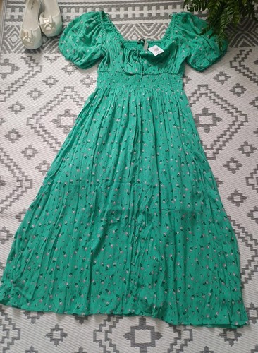 Schönes grünes Sommerkleid mit Blumen geraffter Taille 👗8 10 12 S M Midi Maxi