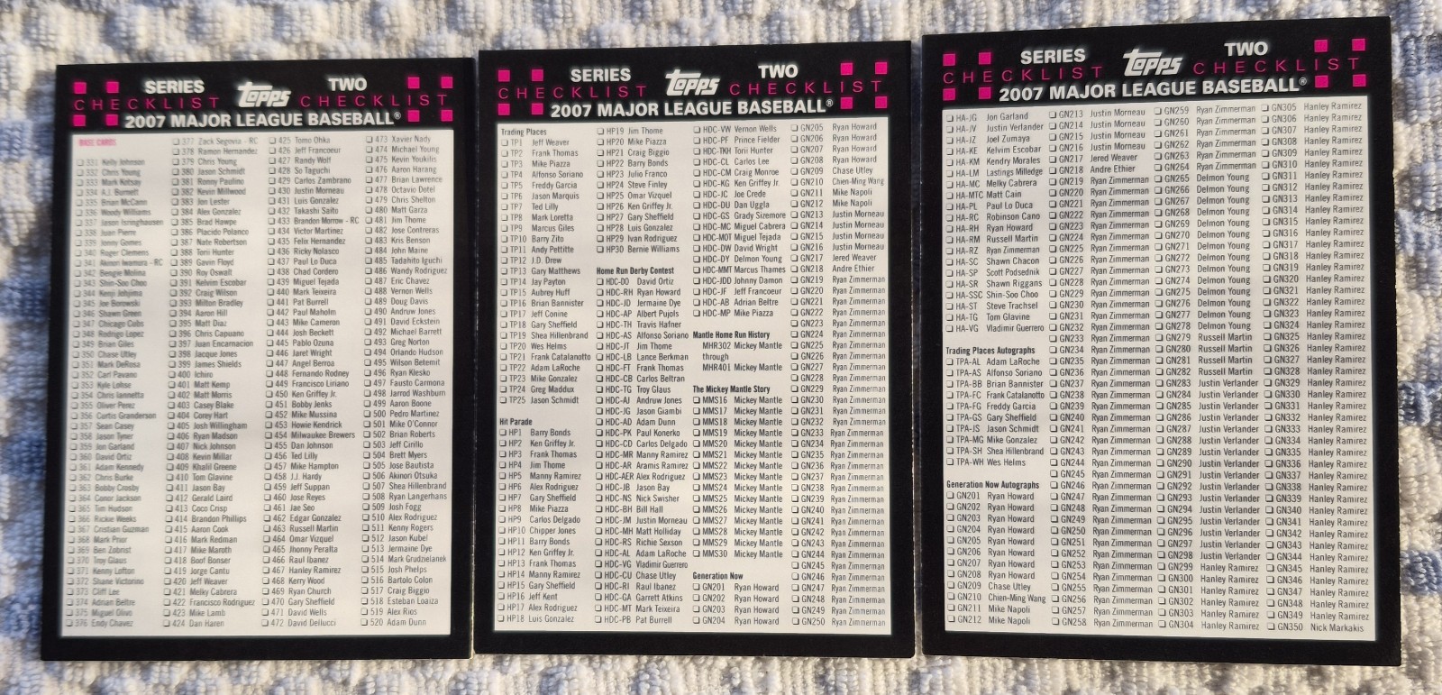 Checklist Series 2 (1, 2, &3) 2007 Topps Baseball Checklist Cards NM