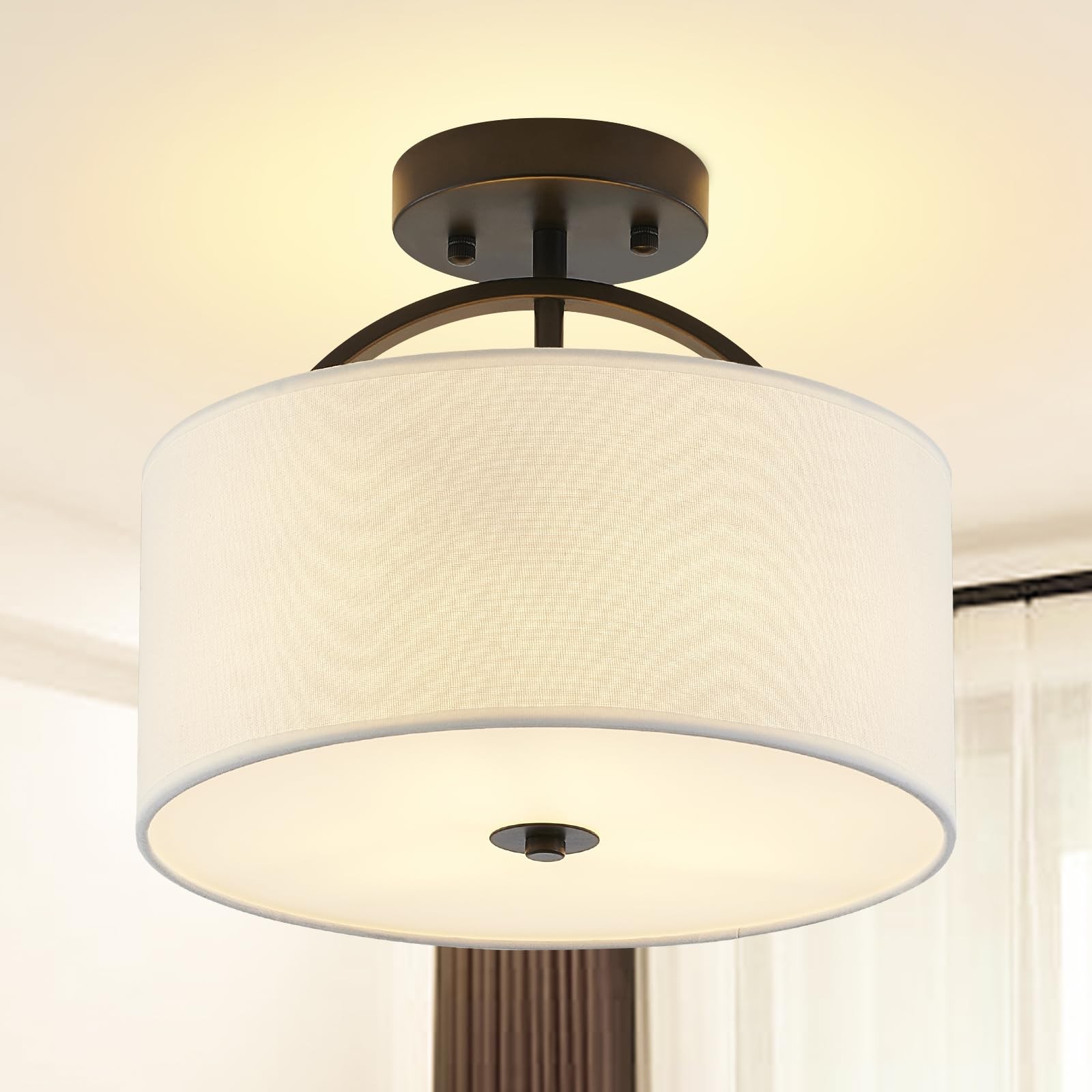 Black 12.2 Inch Semi Flush Mount Drum Ceiling Light Fixture with W