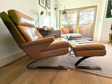 Mid Century Style Leather Arm Chair/Footstool - Pure White Lines - Shipping inc