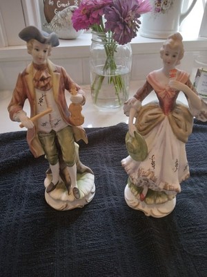Antique Couple Figurines colonial detail/Marked Japan with red & clover marking