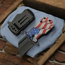Money Clip Folding Knife | Black Stainless Steel 1.5in Blade Mini USA Flag EDC