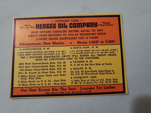 Vintage HEDGES OIL COMPANY ALBUQUERQUE, NEW MEXICO Courtesy Card ~3" x 4.25"