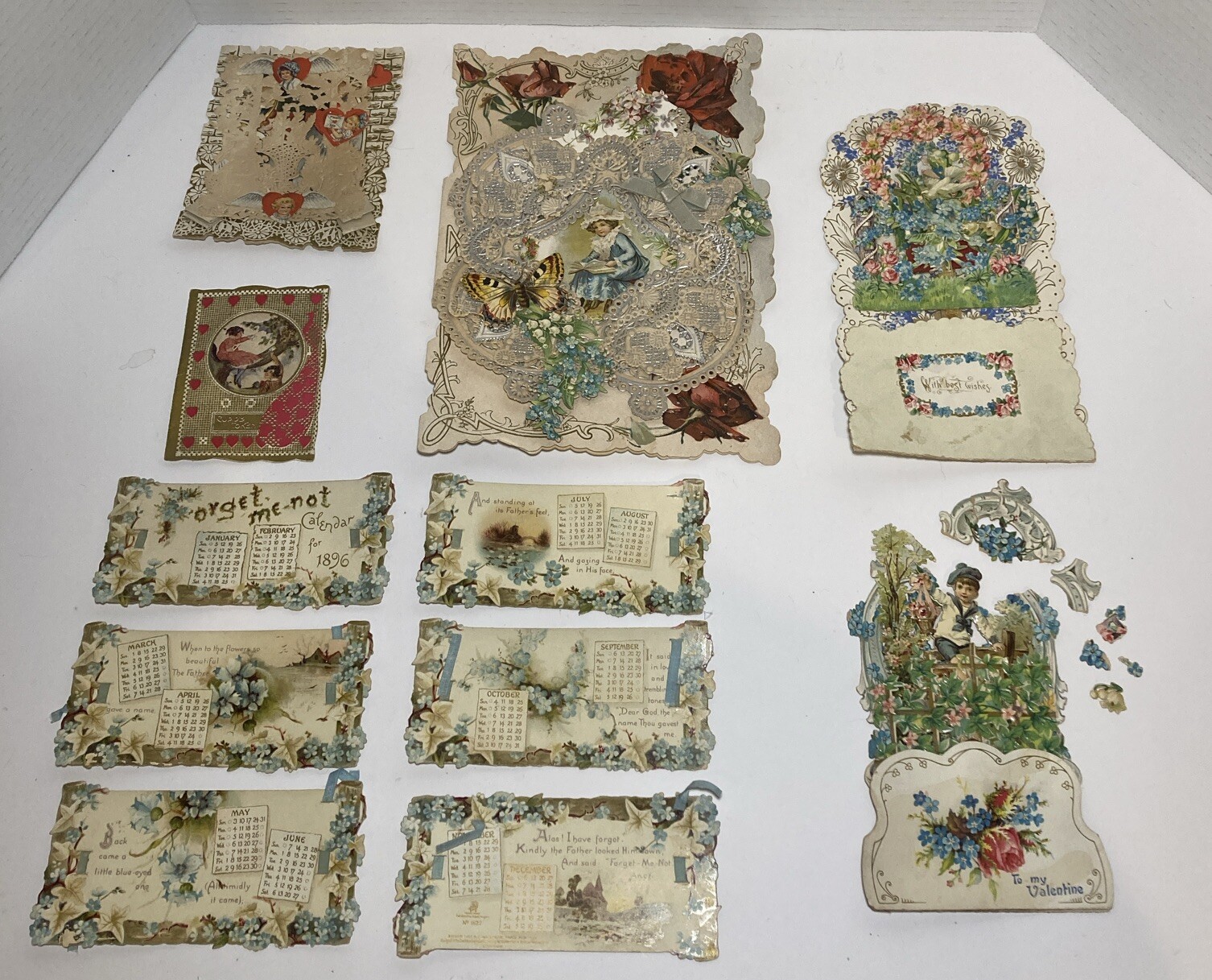 Lot Of Victorian Valentine Day Die Cut 3D Cards And Forget Me Not 1896 Calendar