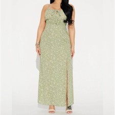 Ambiance Maxi Dress S M L Tie Front Smocked Front Slit Adjustable Straps Green