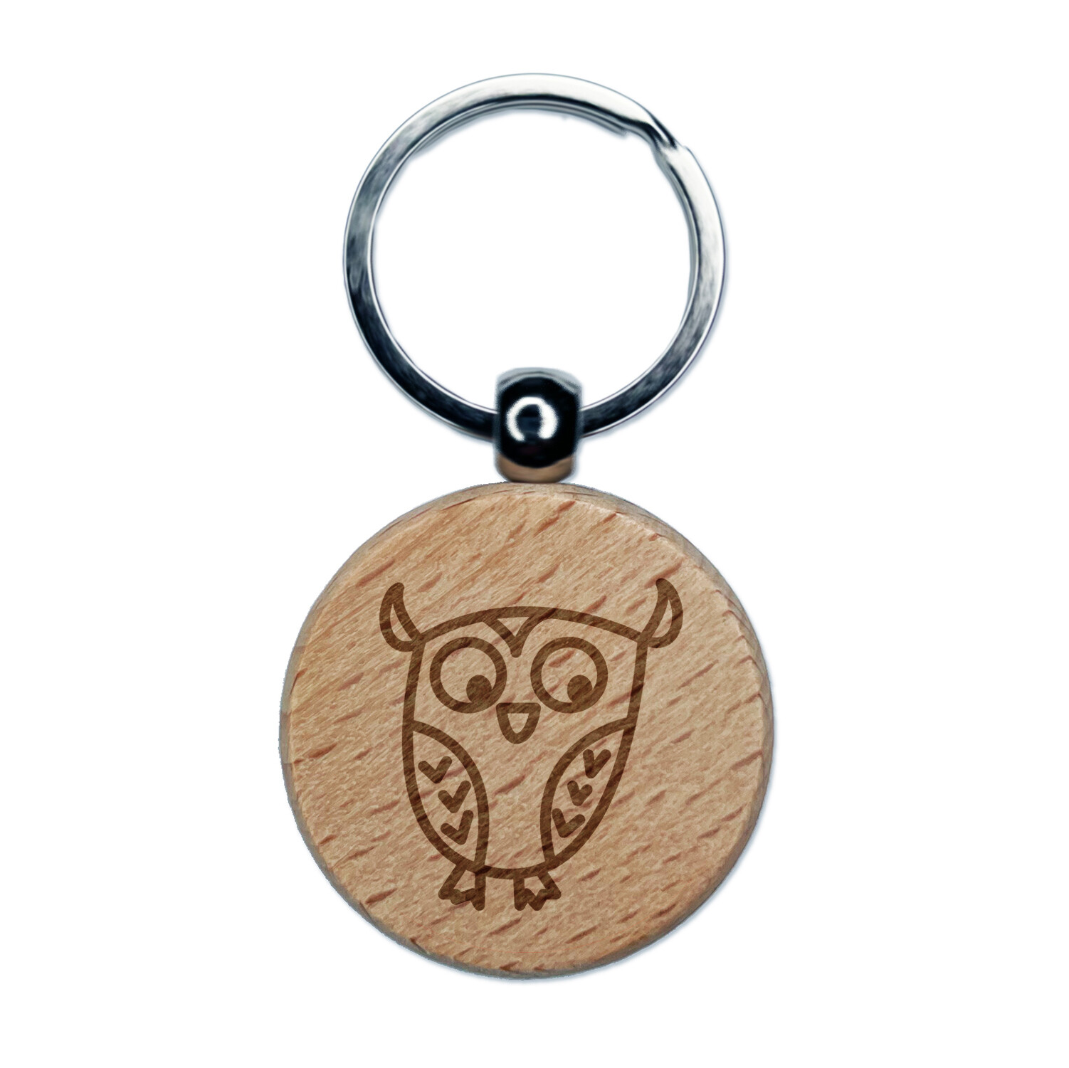 Wary Owl Engraved Wood Round Keychain Tag Charm