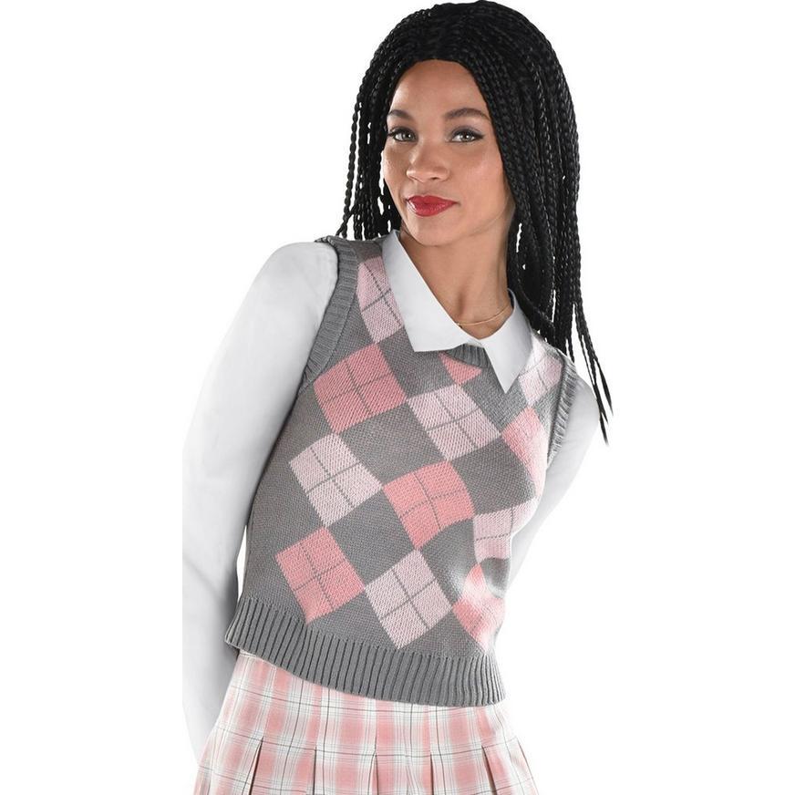 Women's 90s Adult Argyle Pink Gray Crop Plaid Sweater Vest S