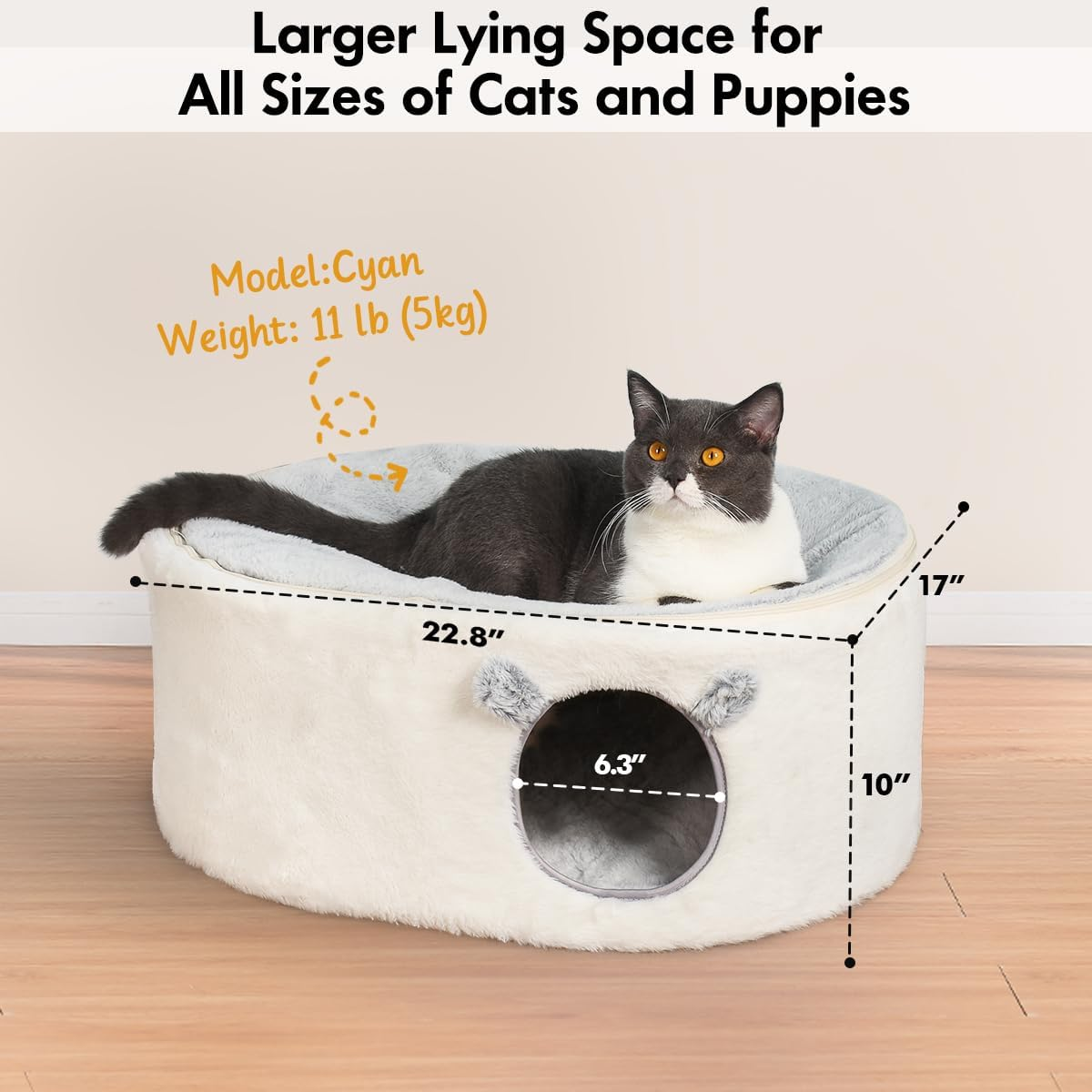 FUKUMARU 2-in-1 Cat Bed Cave With Removable Cushion - 17.7 Inch Warm Cat House, Enclosed Hideaway Or Open Bed-422851