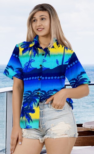 LA LEELA Button Down Shirt for Women Funky Vacation XL Palm Tree, Navy Blue - Bild 3 von 3