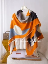 Soft & Elegant Orange Pony Leap Pattern Shawl - 70% Wool & 30% Silk Wrap-53"