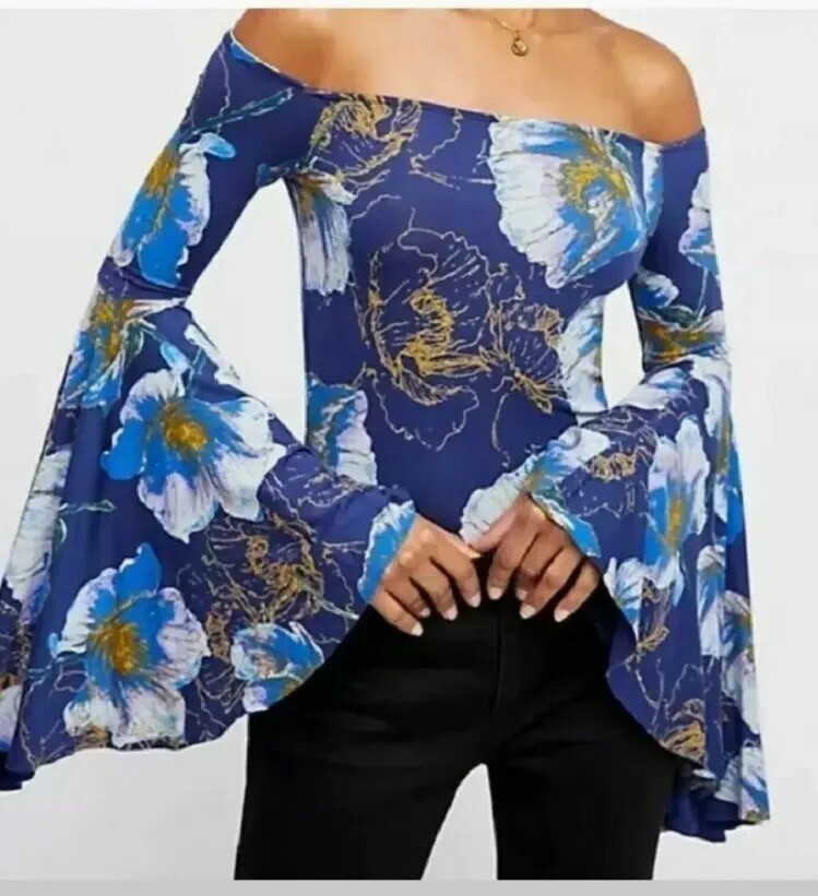 【Free People】ガーデニアトップ We The Free People Top Shirt XS Blue Floral Bell Sleeve