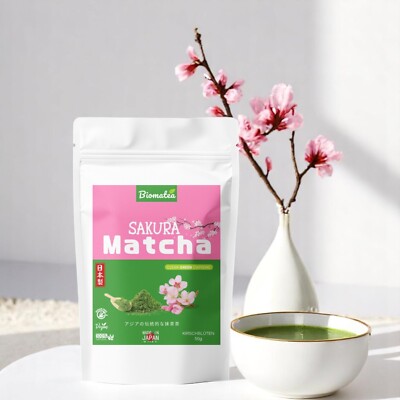 Biomatea Premium 50g Matcha mit Sakura aus Japan, Ceremonial Grade, ohne Zucker