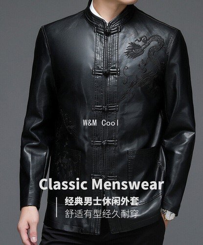 Men's PU Leather Jacket Chinese Style Tang Suit Stand Collar Buckle Casual Coat - Picture 6 of 15