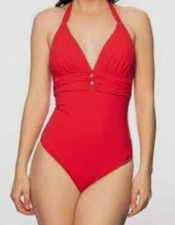 $250 Lise Charmel Women's Red Solid Halter One Piece Swimsuit Size Small