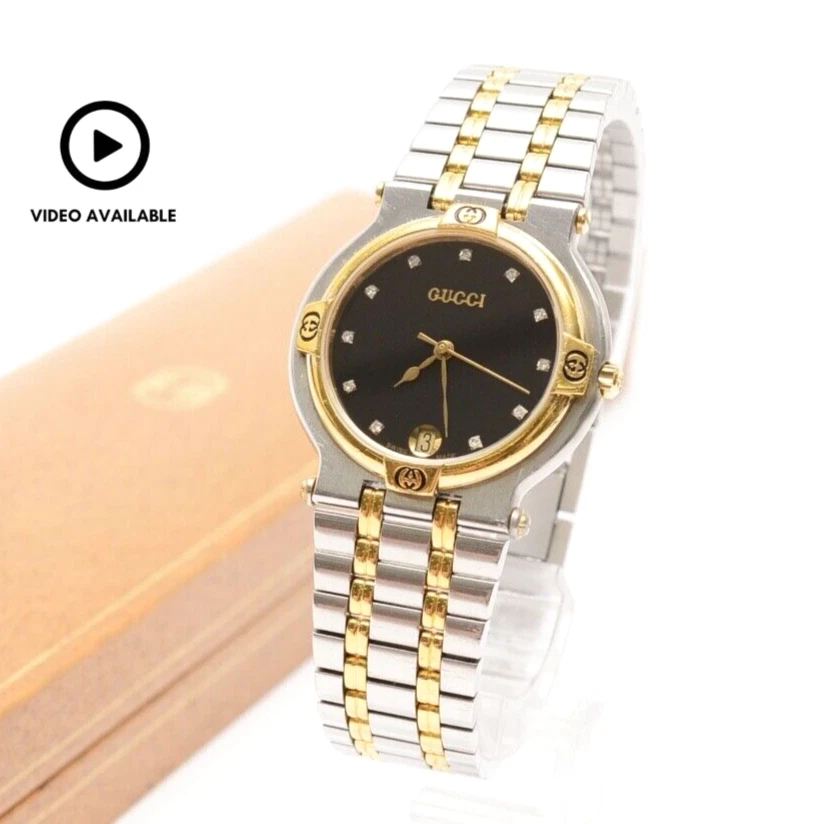 Montre vintage GUCCI 9000M 11P diamant bicolore 32 mm date quartz avec boîte *vidéo