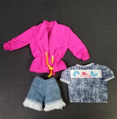 Vintage CAMP BARBIE Levi Shorts Camp -T & Pink Windbreaker 3 Pieces Clothes