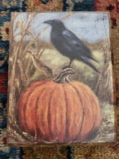 Primitives by Kathy Halloween Block Sign Raven on Pumpkin Fall Tier Tray Decor