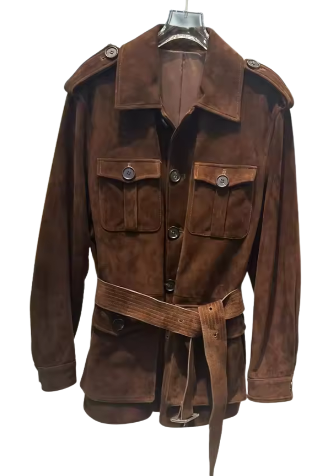 Women’s Brown Safari Jacket 100% Real Suede Leather Utility Field Belted Coat