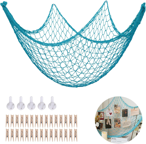 Large Fish Net Wall Hanging - 79x59 Inch Photo Display Net With 30 Clips For Ocean Beach Nautical Party Decor - View #3