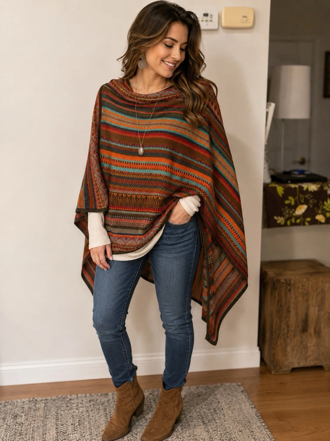 NOVICA Women's Striped Knit Cowl Neck Poncho Pullover Sweater One Size