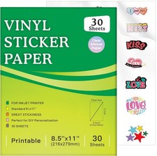"30 or 60 Sheets Printable Clear Sticker Paper for Inkjet Printer, Premium Vinyl