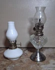 Vintage Set Of 2 Minature Oil Lamps Milk Glass & Clear Glass