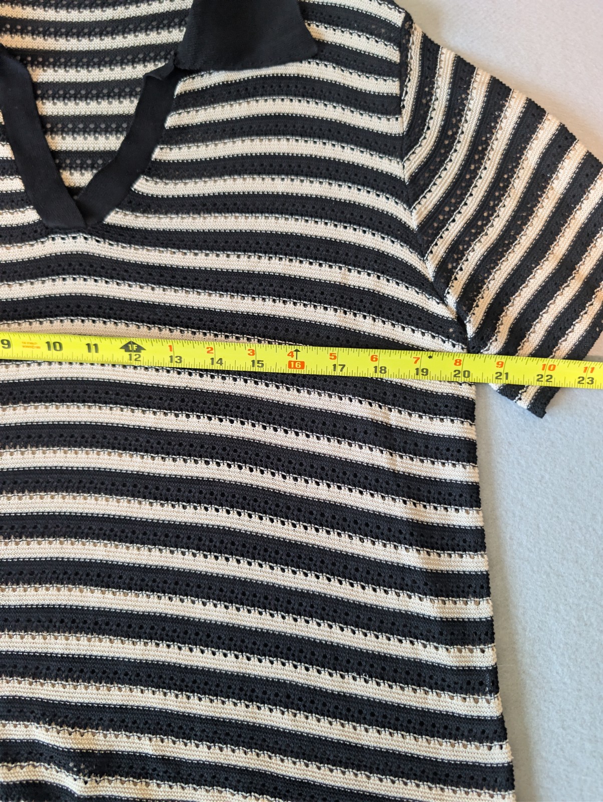 Women's Black Cream Textured Stripe Sweater Polo Open Knit Crochet Top Minimal image 5