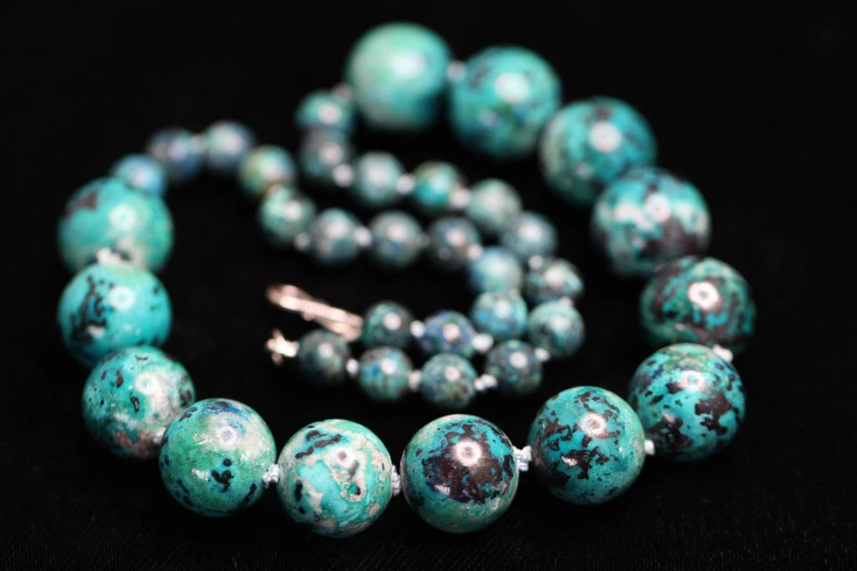 Collar Crisocola Azurita Azul Verde Bola Piedras Preciosas Naturales Seda Anudado 18" Foto 2 de 4