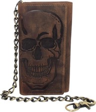 Biker Skull Chain Wallet RFID Signal Blocking Men's Vintage Brown